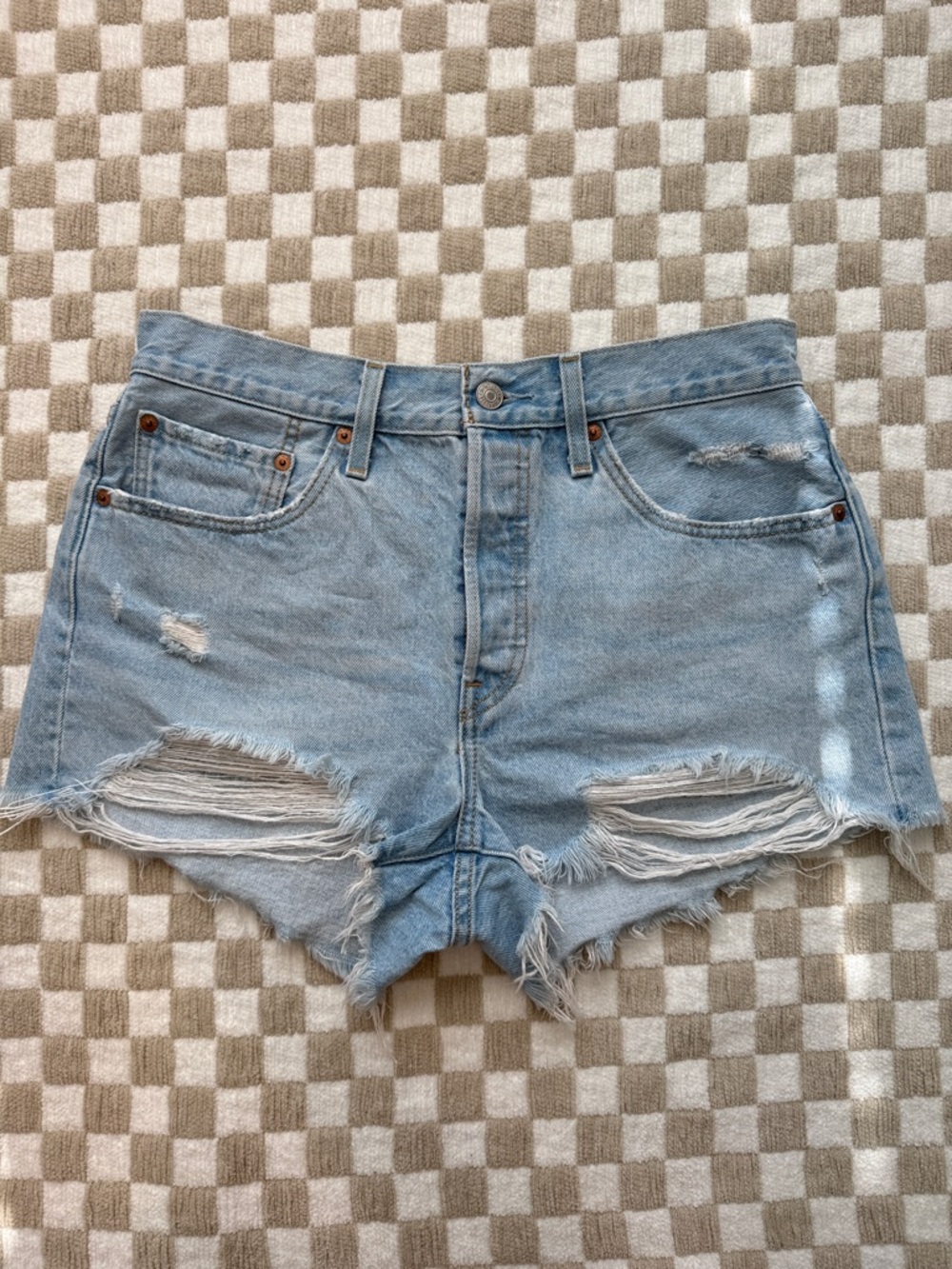 Levi's 501 Light Blue Distressed High-Rise Denim Shorts